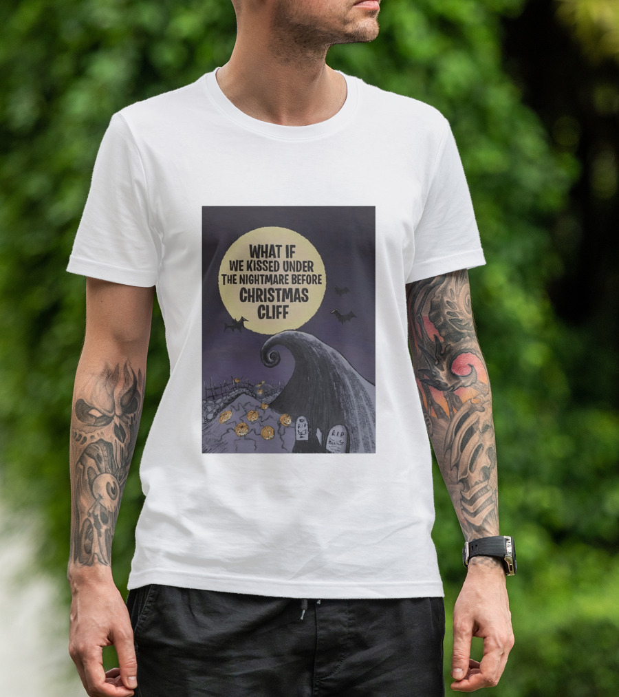What If We Kissed Under The Nightmare Before Christmas Cliff Halloween Moon Bats Pumpkins Graveyard Scene T-Shirt