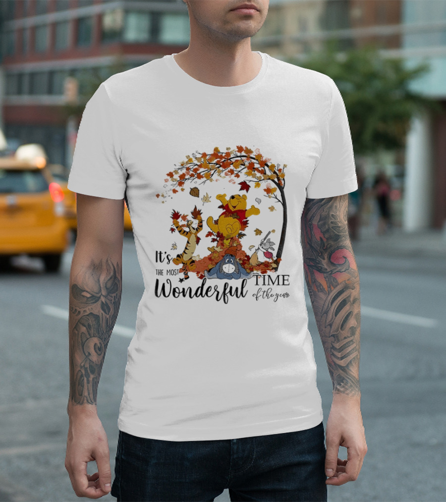 Winnie The Pooh It's The Most Wonderful Time Of The Year Happy Fall Autumn Leaves T-Shirt