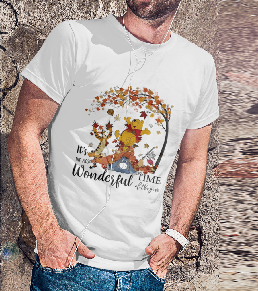 Winnie The Pooh It's The Most Wonderful Time Of The Year Happy Fall Autumn Leaves T-Shirt
