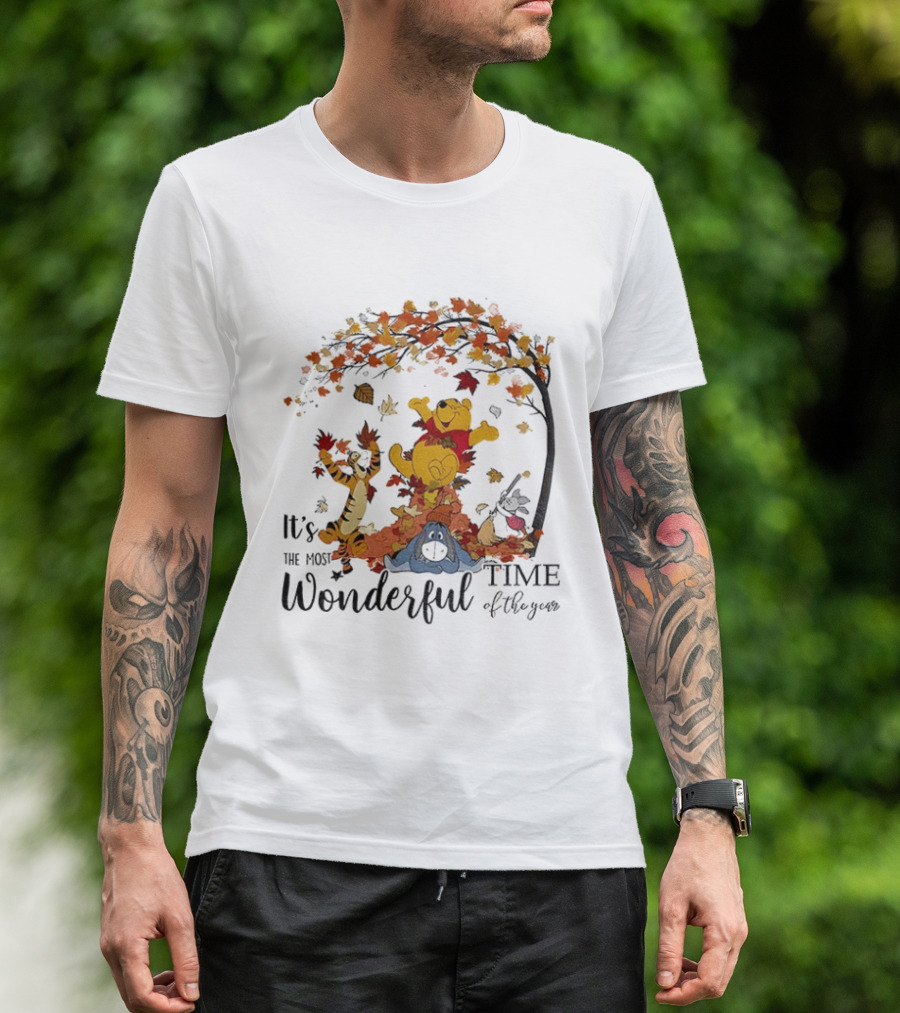 Winnie The Pooh It's The Most Wonderful Time Of The Year Happy Fall Autumn Leaves T-Shirt