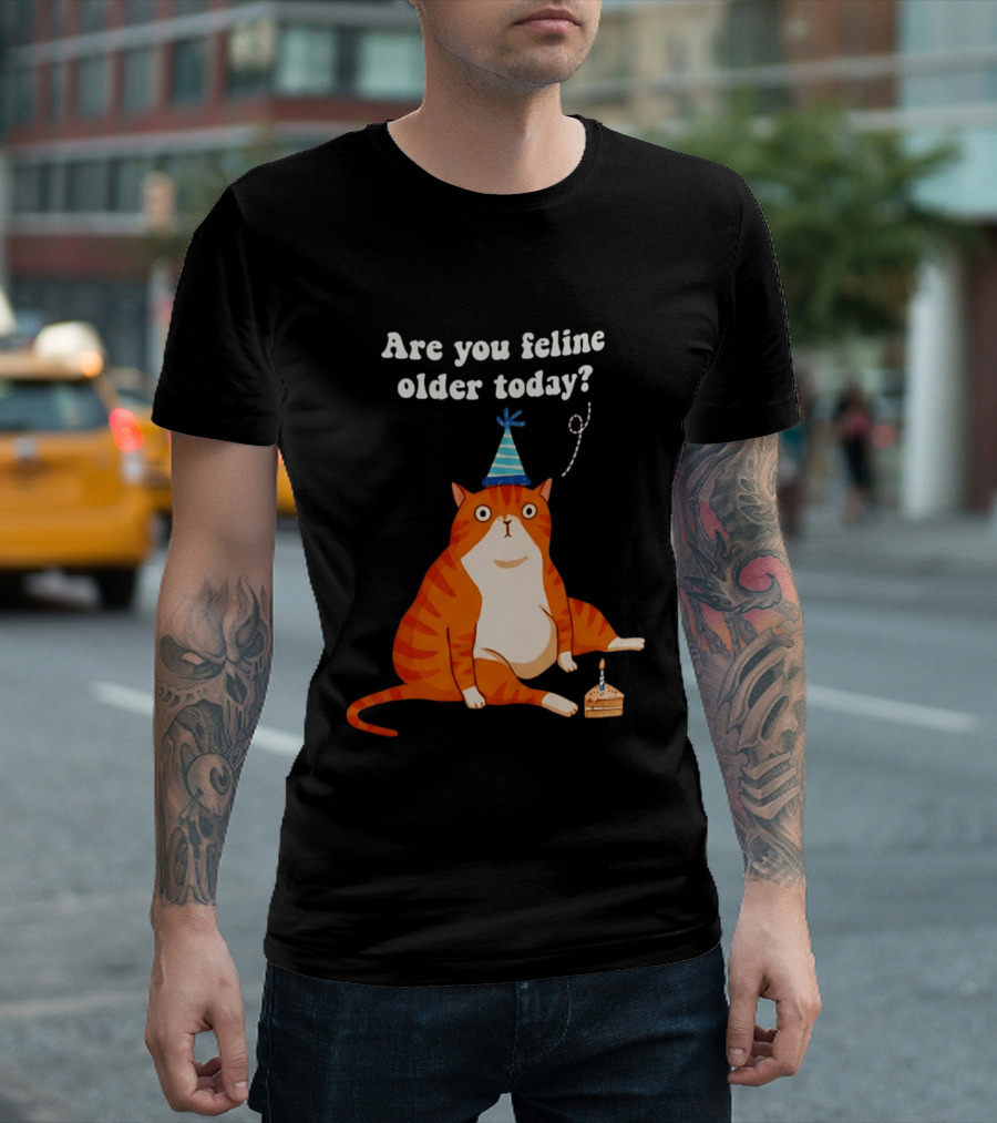Are You Feline Older Today Birthday Cat With Party Hat And Cake T-Shirt