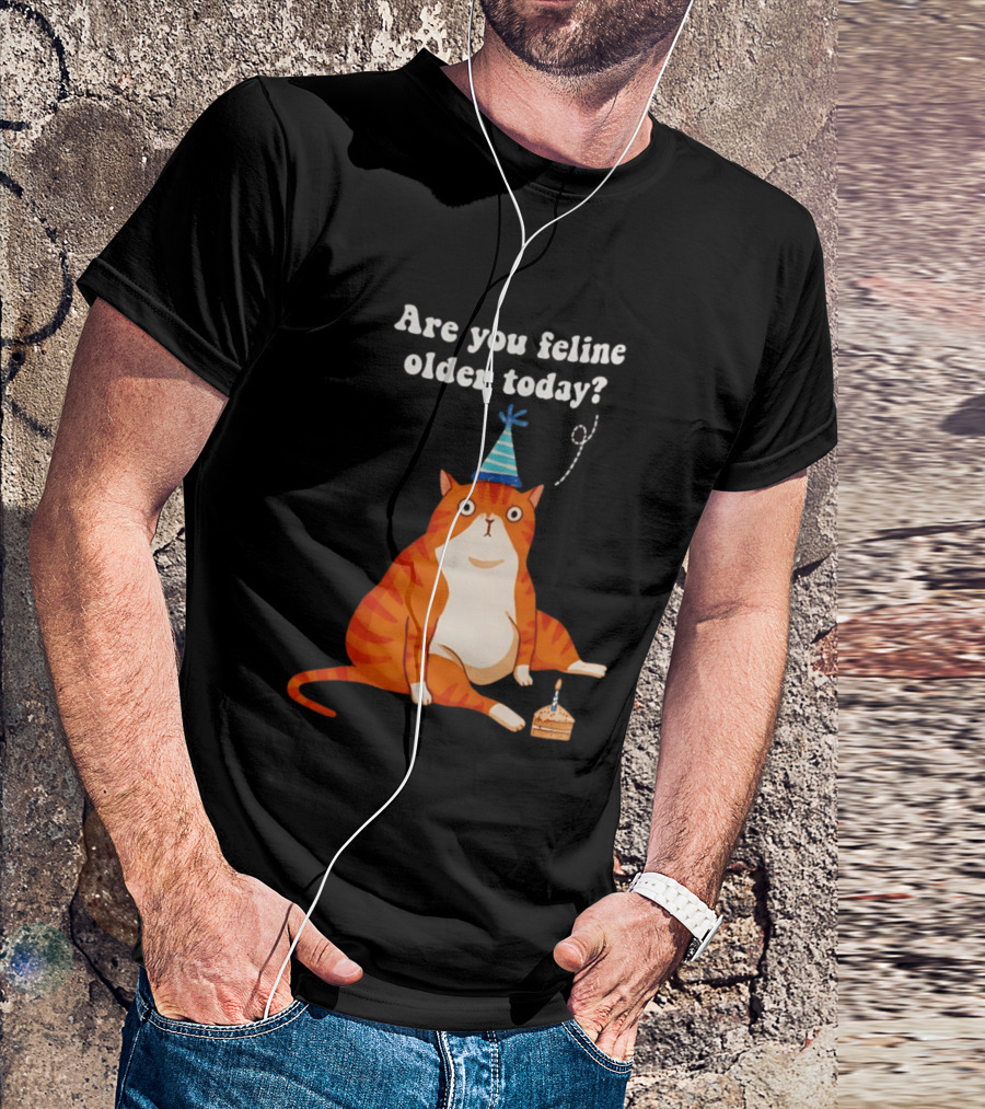 Are You Feline Older Today Birthday Cat With Party Hat And Cake T-Shirt