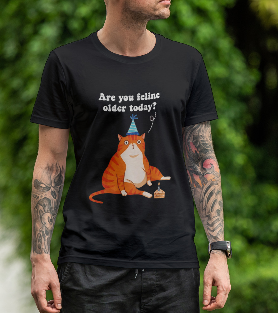 Are You Feline Older Today Birthday Cat With Party Hat And Cake T-Shirt