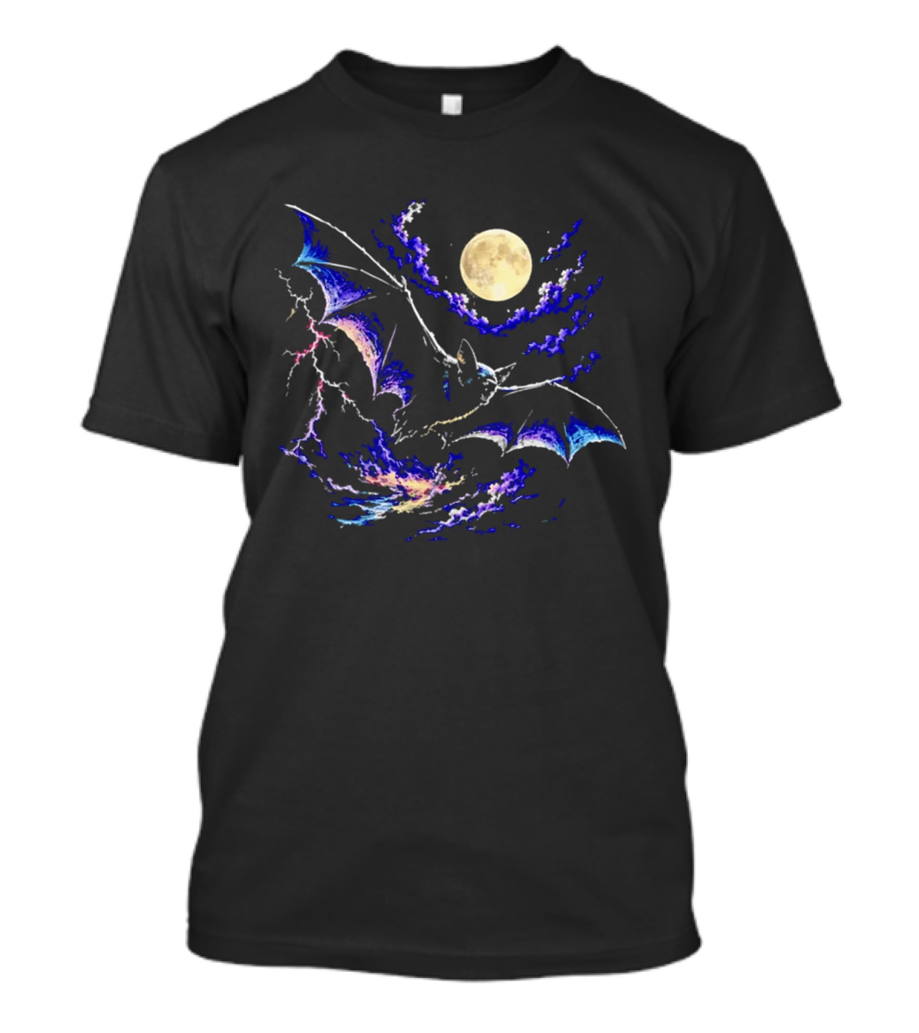 Bat Flying In Stormy Night With Full Moon Lightning And Clouds T-Shirt