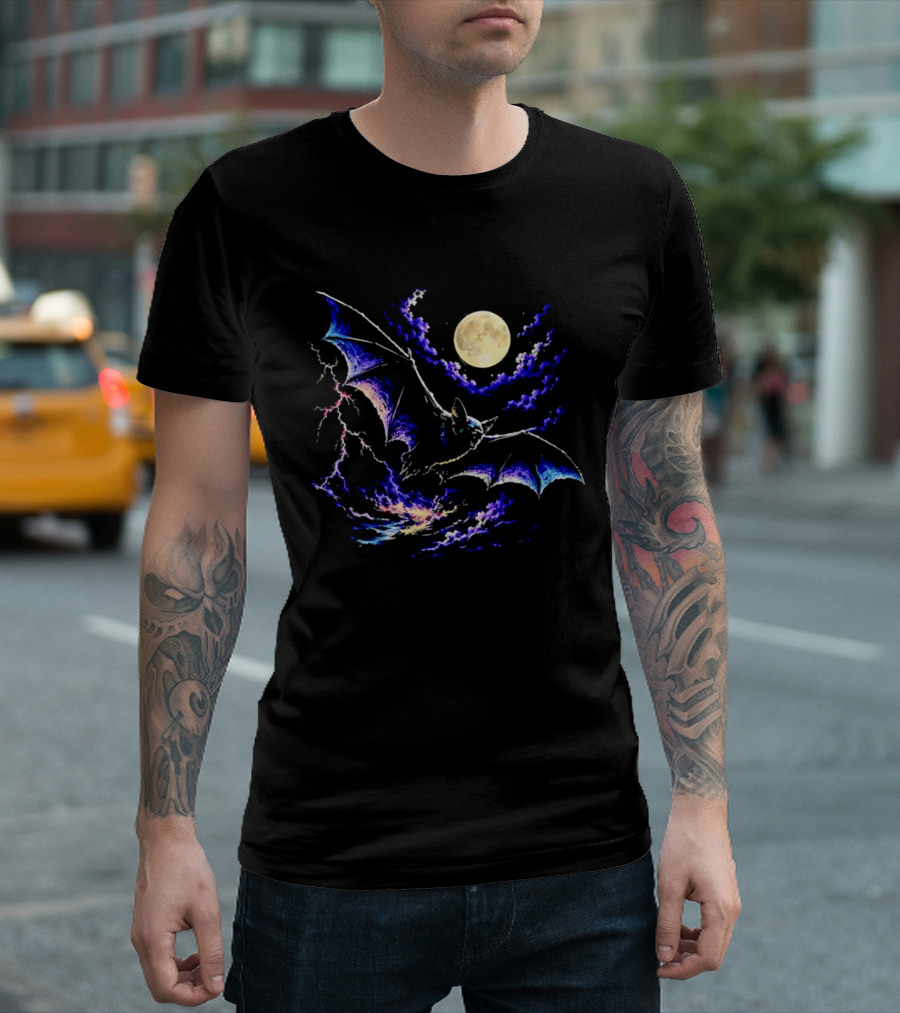 Bat Flying In Stormy Night With Full Moon Lightning And Clouds T-Shirt