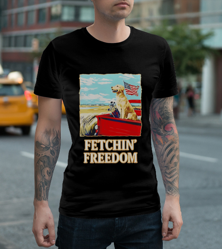 Fetching Freedom Dog And American Flag Scene T-Shirt