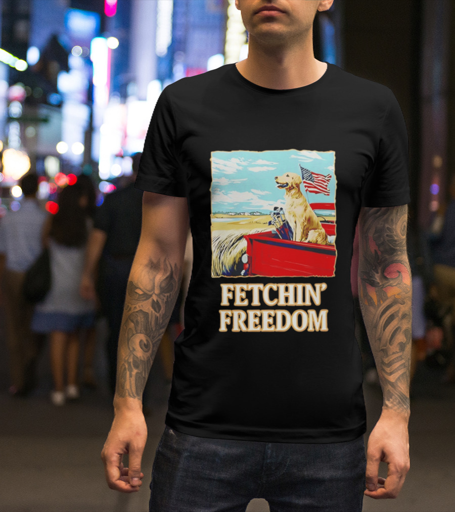 Fetching Freedom Dog And American Flag Scene T-Shirt