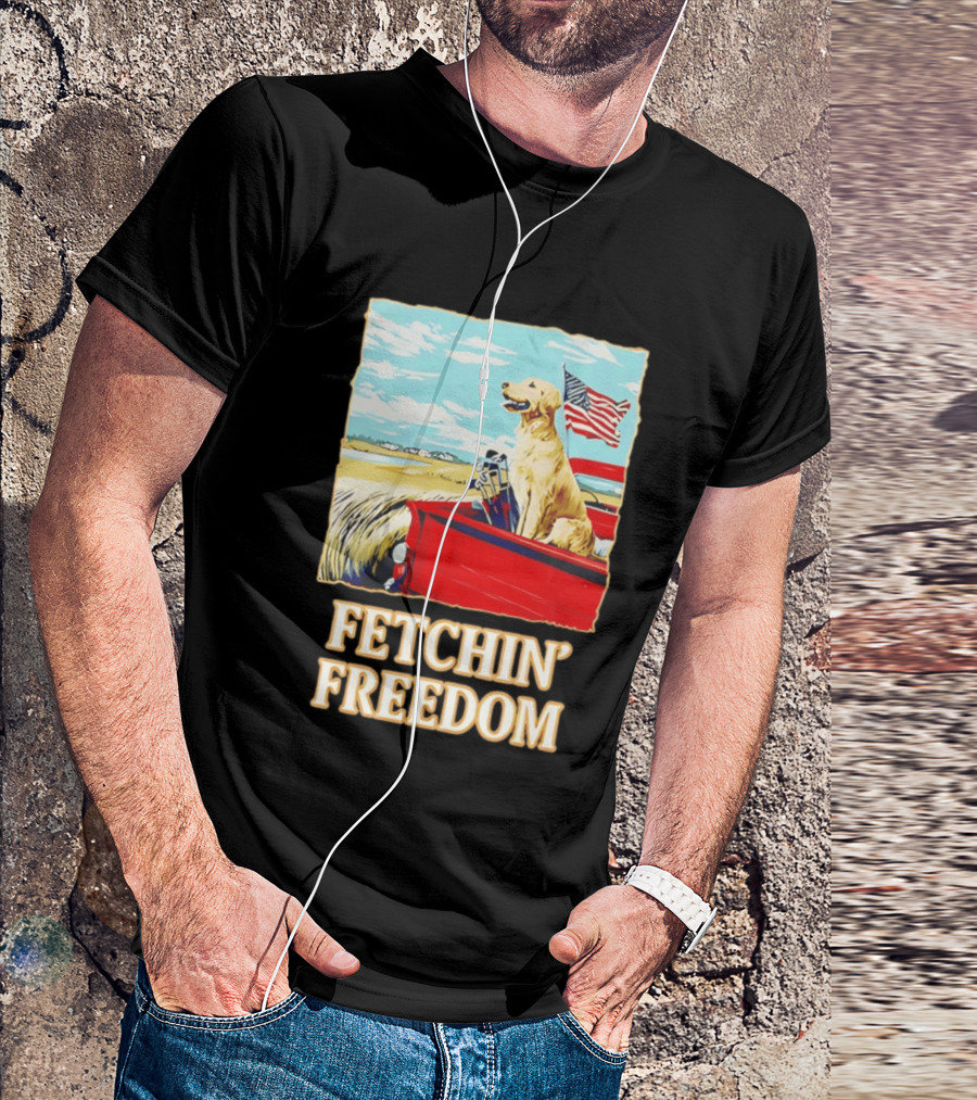 Fetching Freedom Dog And American Flag Scene T-Shirt
