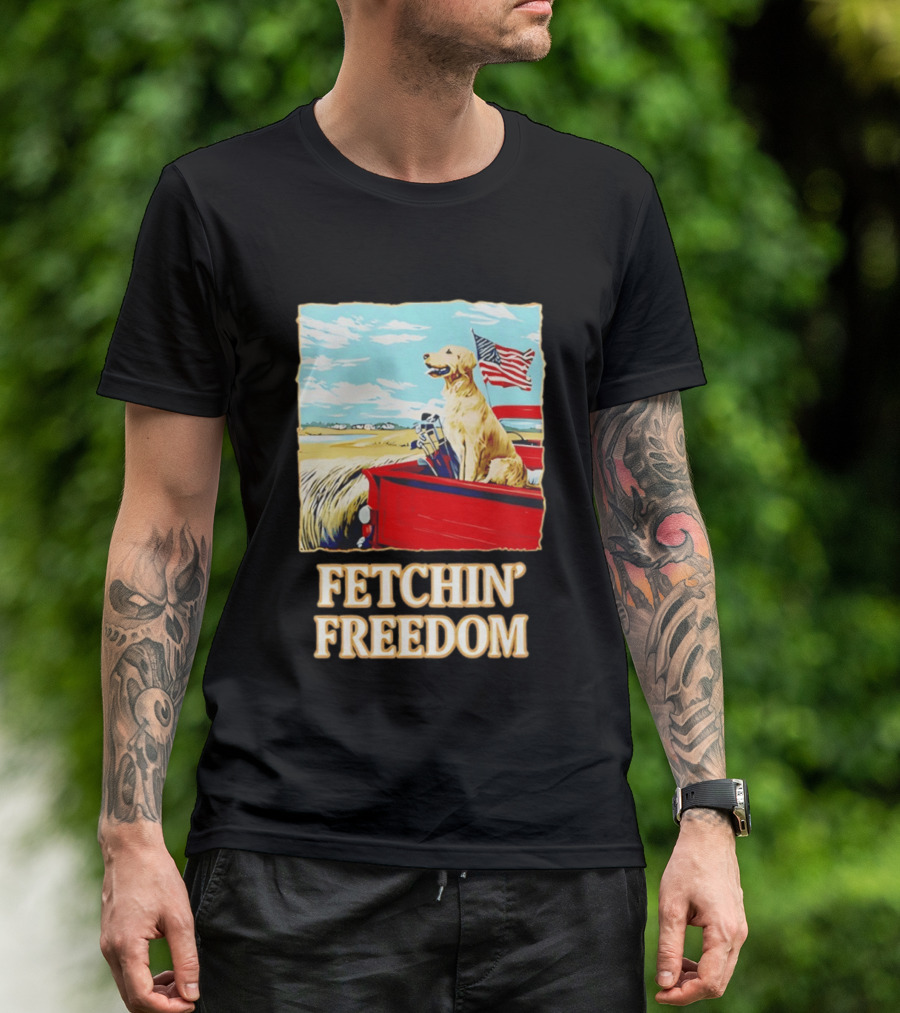 Fetching Freedom Dog And American Flag Scene T-Shirt