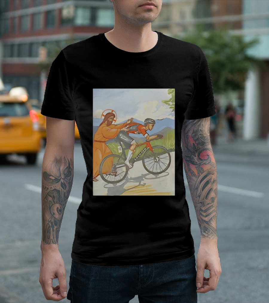 Jesus Gives Tadej Pogačar A Push Colnago Cycling T-Shirt