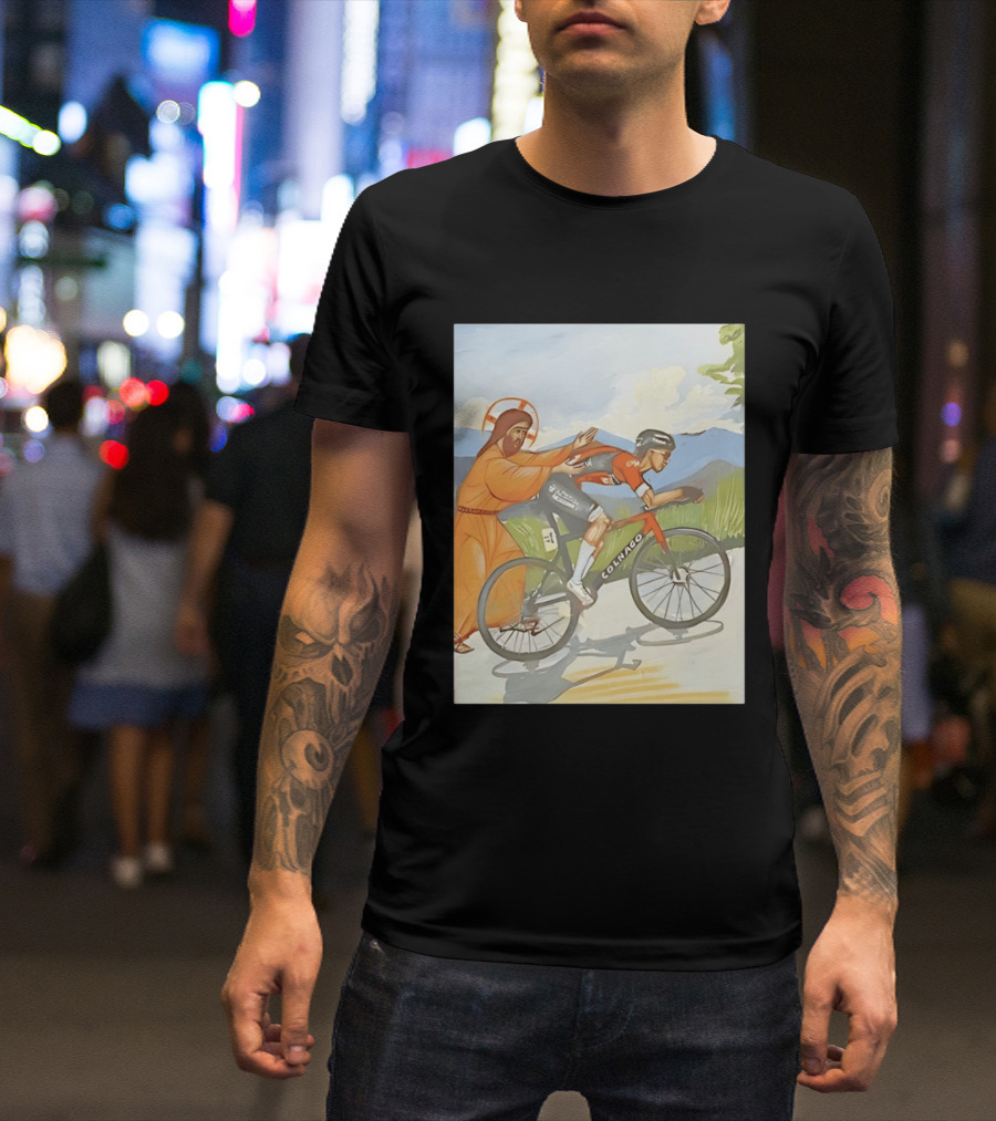 Jesus Gives Tadej Pogačar A Push Colnago Cycling T-Shirt