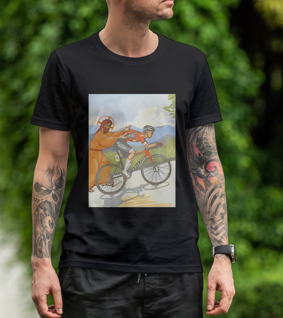 Jesus Gives Tadej Pogačar A Push Colnago Cycling T-Shirt