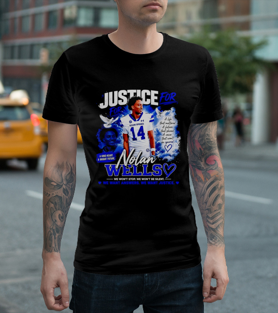 Justice For Nolan Wells Ocean Springs Football Number 14 Ignored Heart We Won't Stop Silent T-Shirt