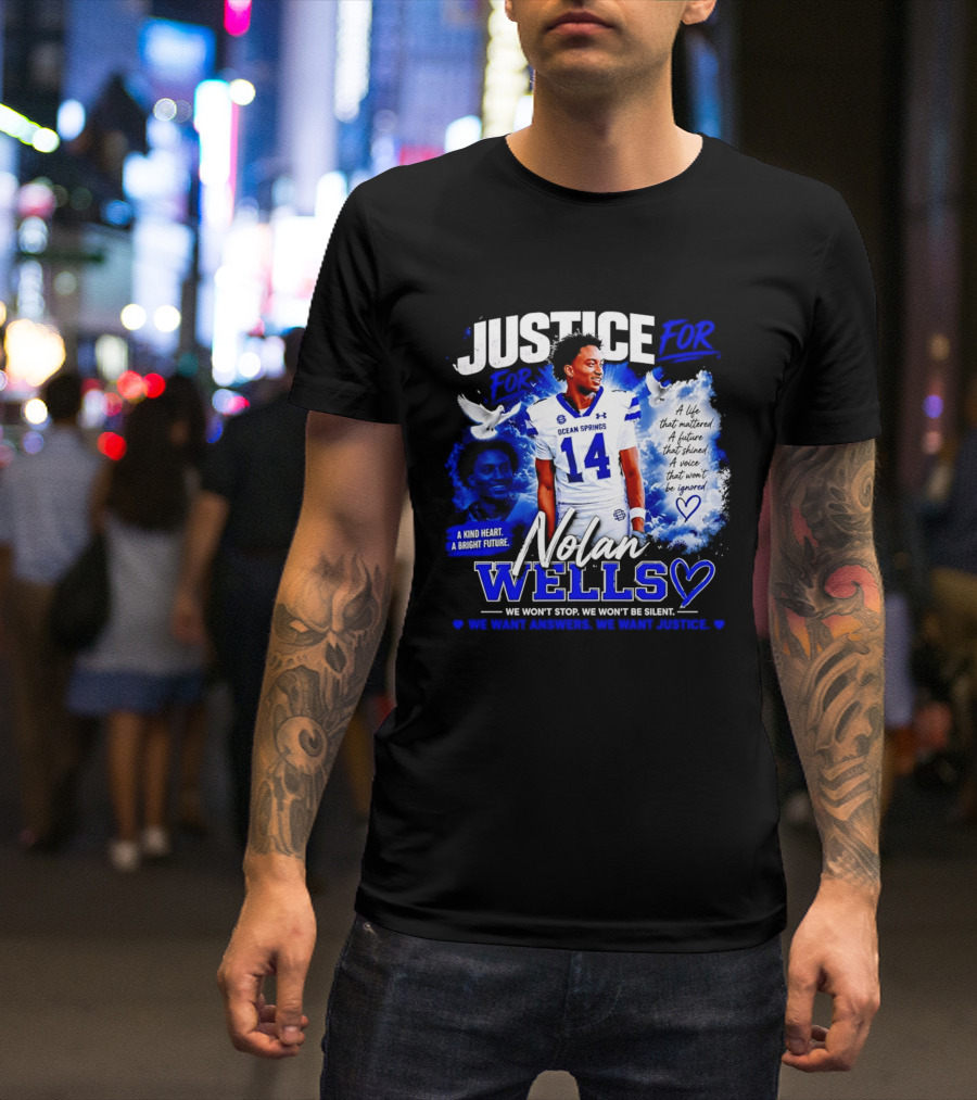 Justice For Nolan Wells Ocean Springs Football Number 14 Ignored Heart We Won't Stop Silent T-Shirt