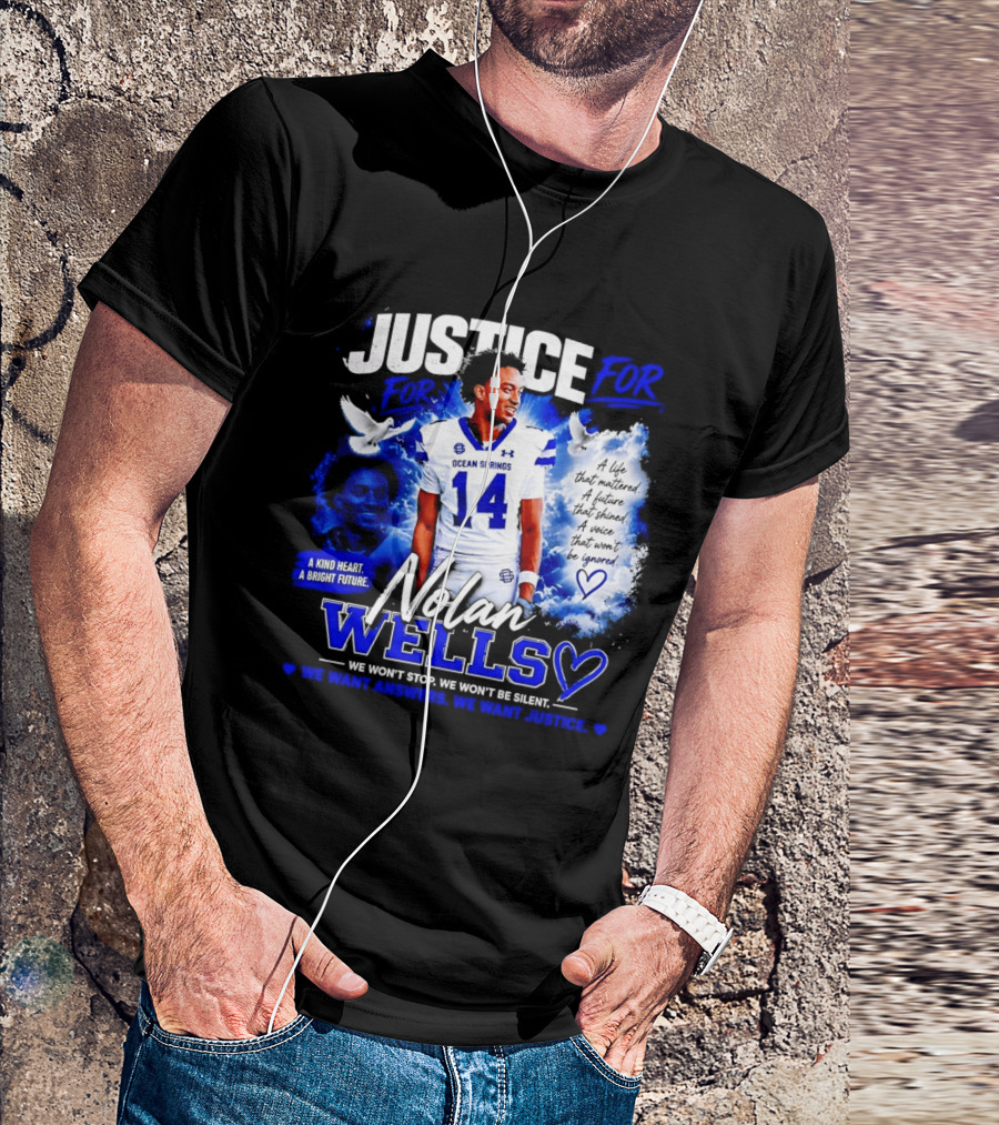 Justice For Nolan Wells Ocean Springs Football Number 14 Ignored Heart We Won't Stop Silent T-Shirt