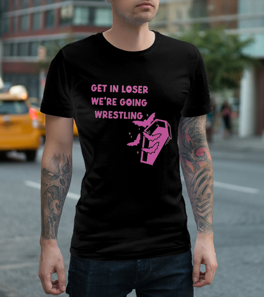 Get In Loser We're Going Wrestling Coffin With Bats And Stars T-Shirt