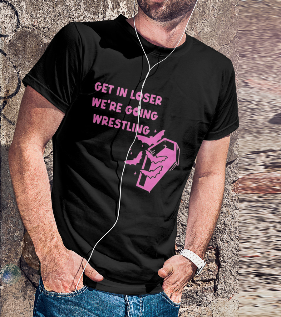 Get In Loser We're Going Wrestling Coffin With Bats And Stars T-Shirt