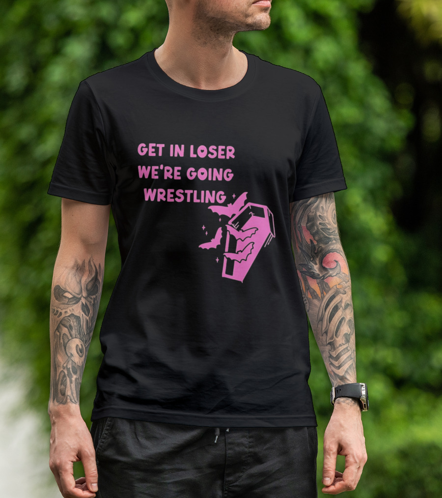 Get In Loser We're Going Wrestling Coffin With Bats And Stars T-Shirt