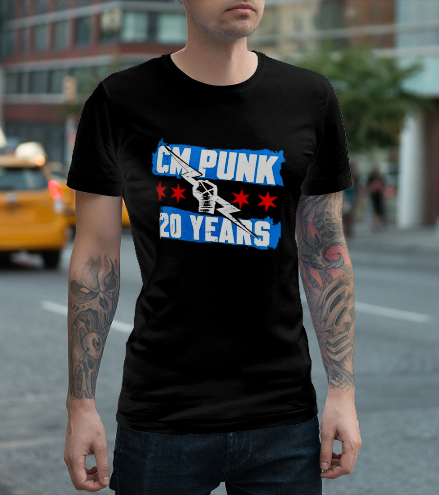 CM Punk 20 Years WWE Flag With Stars And Lightning Fist T-Shirt