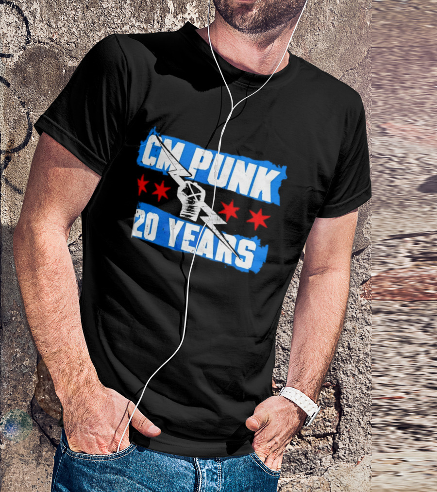 CM Punk 20 Years WWE Flag With Stars And Lightning Fist T-Shirt