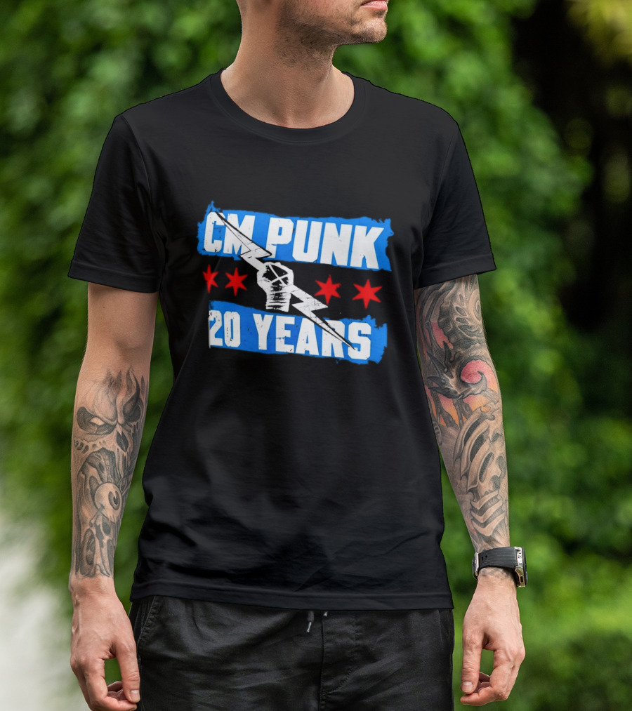 CM Punk 20 Years WWE Flag With Stars And Lightning Fist T-Shirt