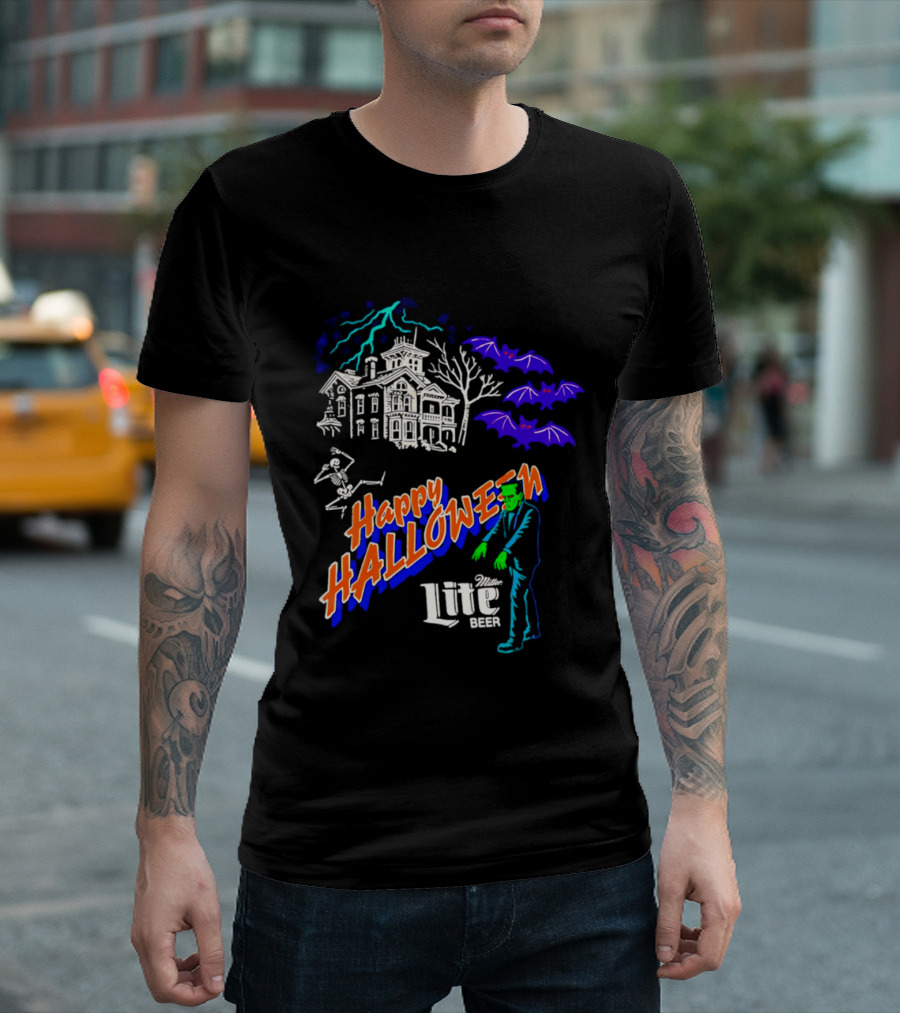 Happy Halloween Miller Lite Beer Haunted House Frankenstein Bats T-Shirt
