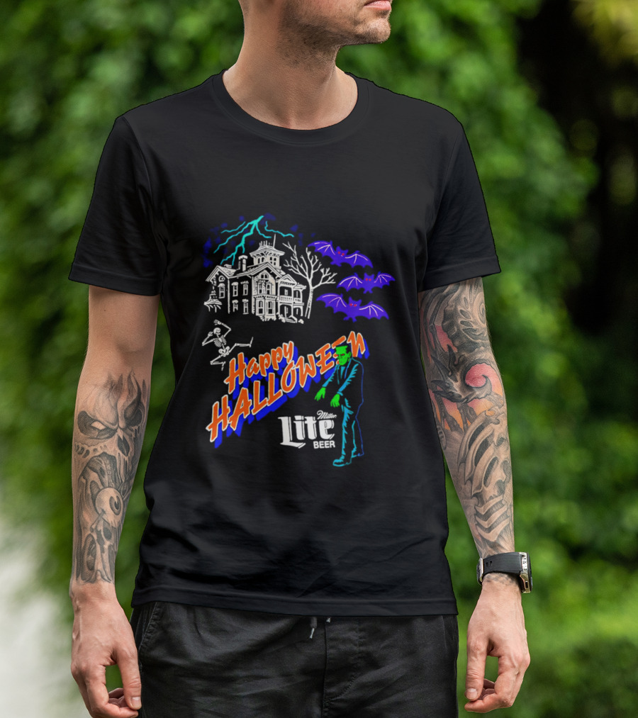 Happy Halloween Miller Lite Beer Haunted House Frankenstein Bats T-Shirt