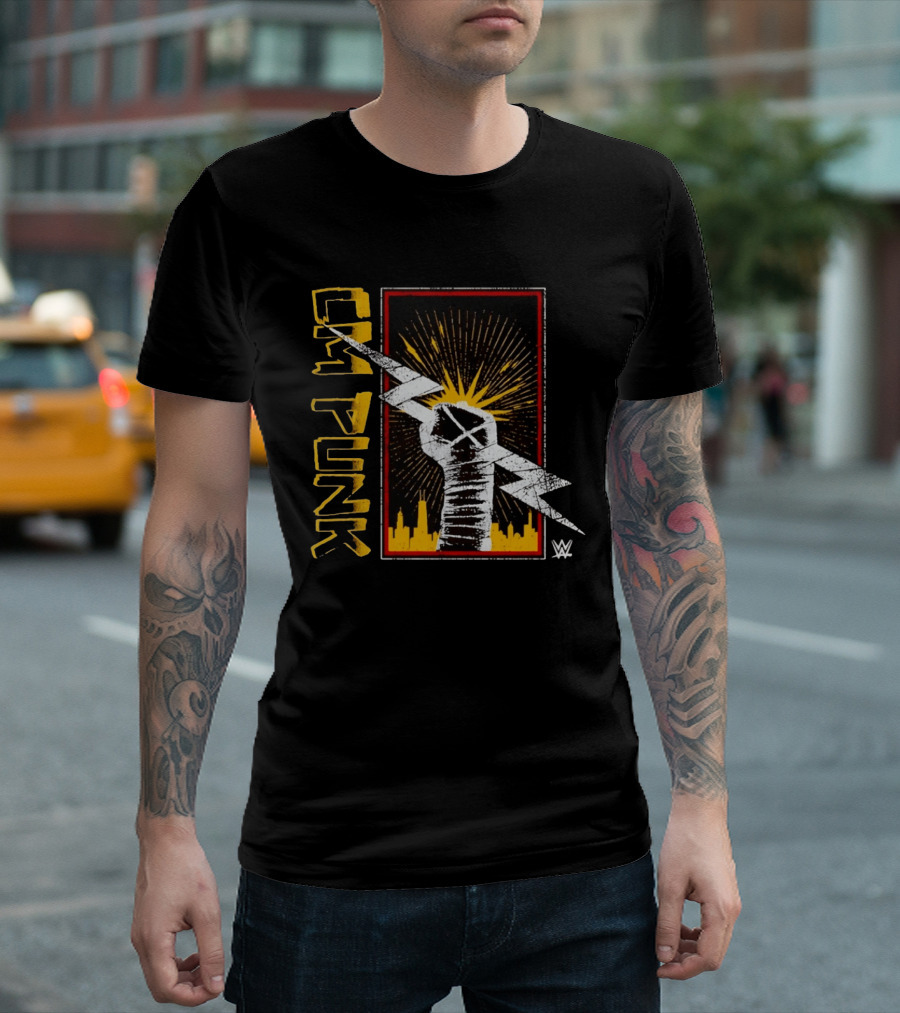 CM Punk WWE Best In The World Lightning Bolt Chicago Skyline Fist T-Shirt