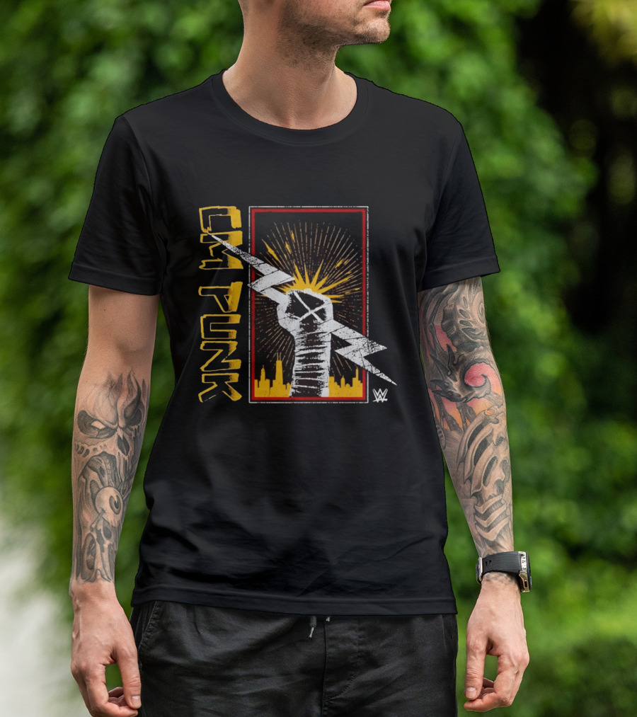 CM Punk WWE Best In The World Lightning Bolt Chicago Skyline Fist T-Shirt