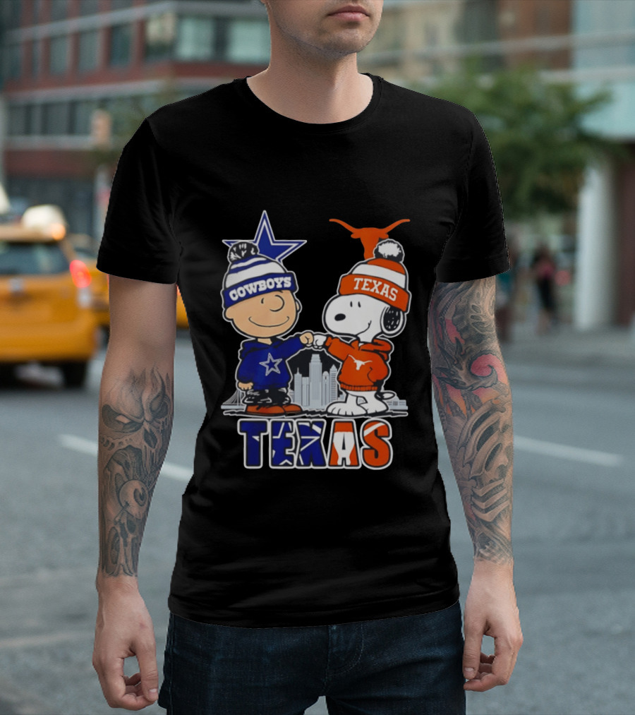 Dallas Cowboys Texas Longhorns Peanuts Characters Stadium Scene T-Shirt