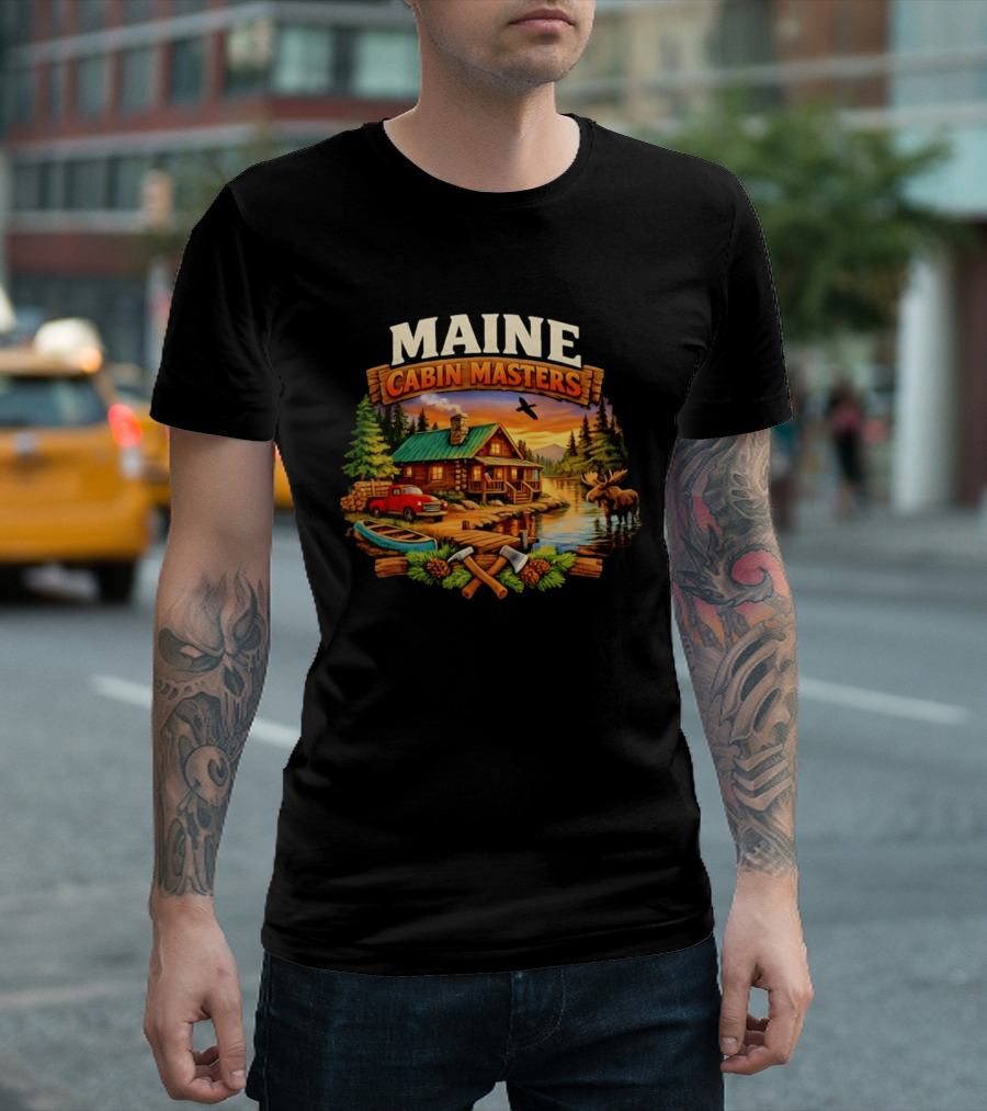 Maine Cabin Masters Rustic Wilderness Scene With Moose And Red Truck T-Shirt