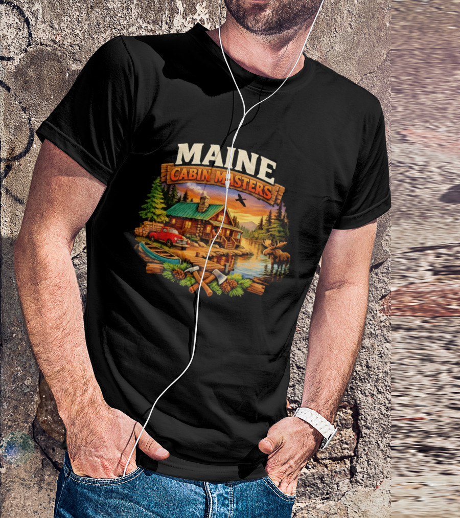 Maine Cabin Masters Rustic Wilderness Scene With Moose And Red Truck T-Shirt