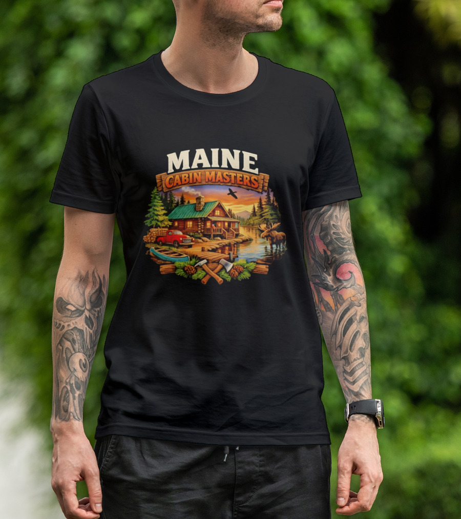 Maine Cabin Masters Rustic Wilderness Scene With Moose And Red Truck T-Shirt