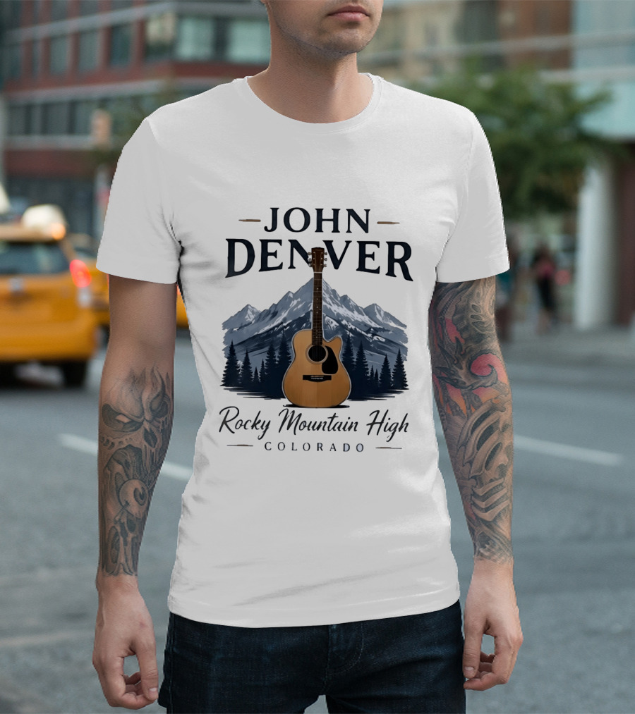 John Denver Rocky Mountain High Colorado Guitar Mountain Scene T-Shirt