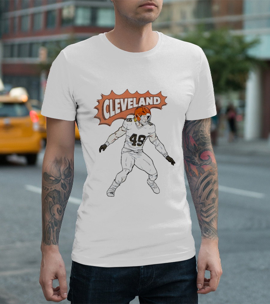 Cleveland Football Comic Style 2026 Player 49 Iconic Helmet T-Shirt