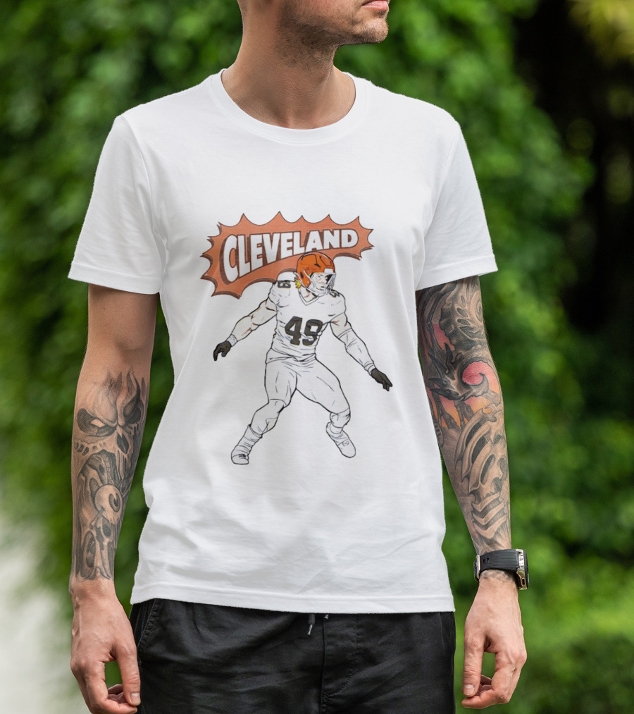 Cleveland Football Comic Style 2026 Player 49 Iconic Helmet T-Shirt