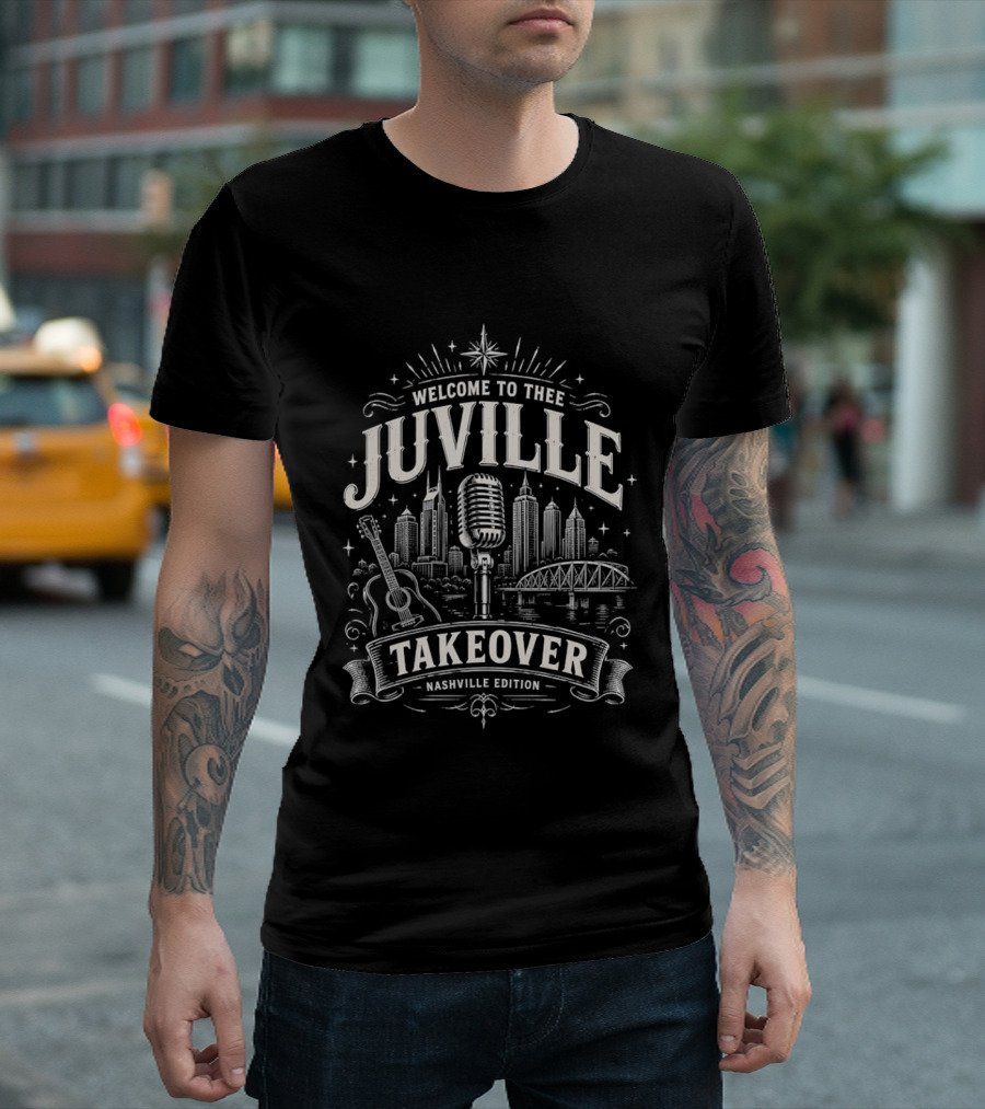 Welcome To Thee Juville Takeover Nashville Edition Microphone Guitar Cityscape Scene T-Shirt