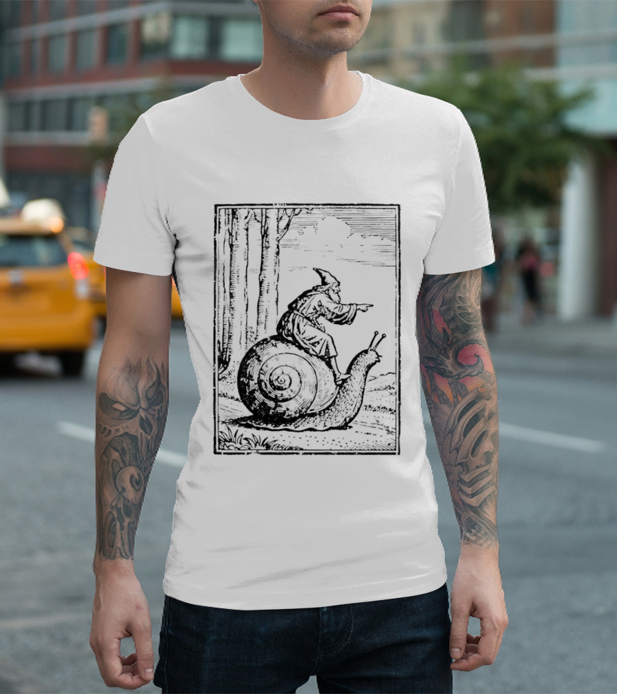 Medieval Snail Rider Wizard Woodcut Fantasy Enchantment T-Shirt