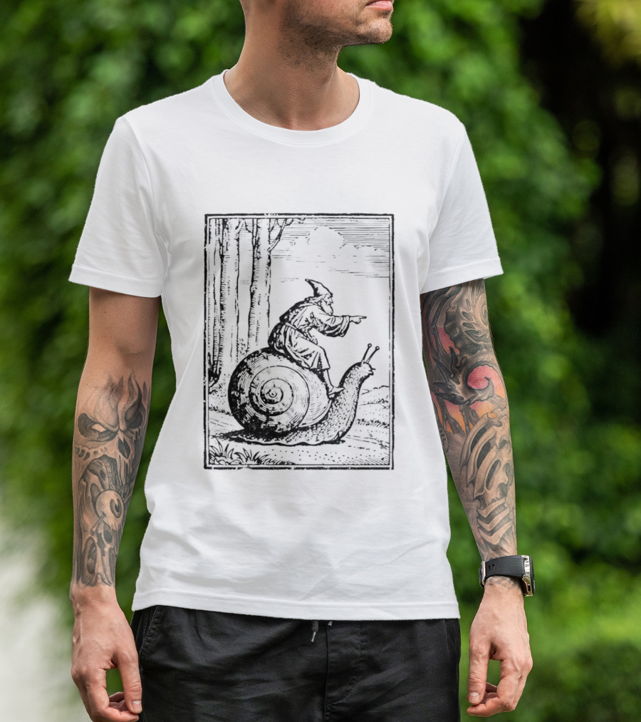 Medieval Snail Rider Wizard Woodcut Fantasy Enchantment T-Shirt