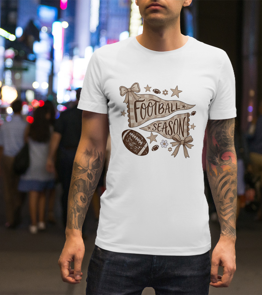 Football Season Pennant Bows And Stars With Footballs T-Shirt