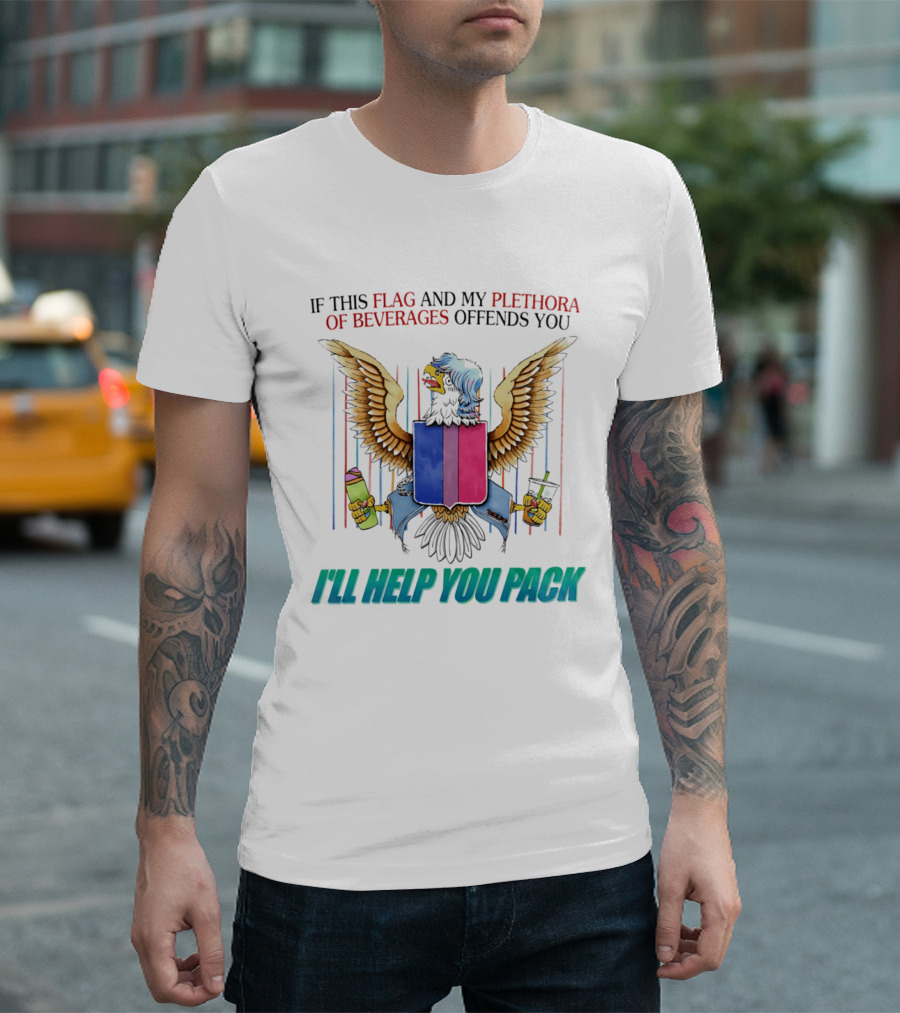 If This Flag And My Plethora Of Beverages Offends You I'll Help You Pack Eagle Holding Drinks T-Shirt