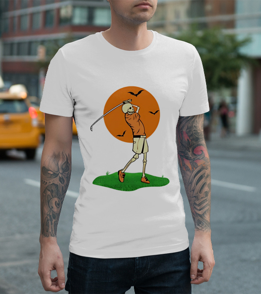 Skeleton Golfer At Sunset With Flying Bats T-Shirt