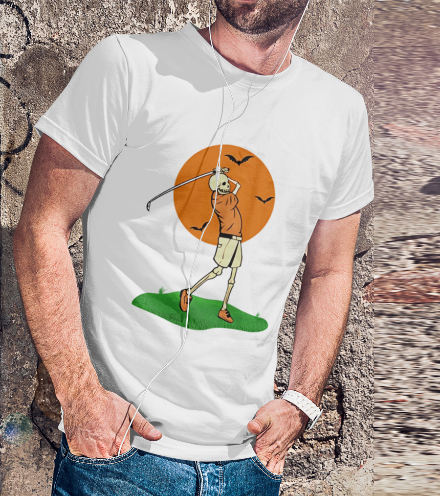 Skeleton Golfer At Sunset With Flying Bats T-Shirt
