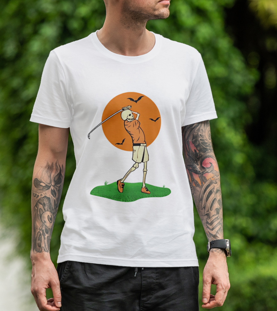Skeleton Golfer At Sunset With Flying Bats T-Shirt