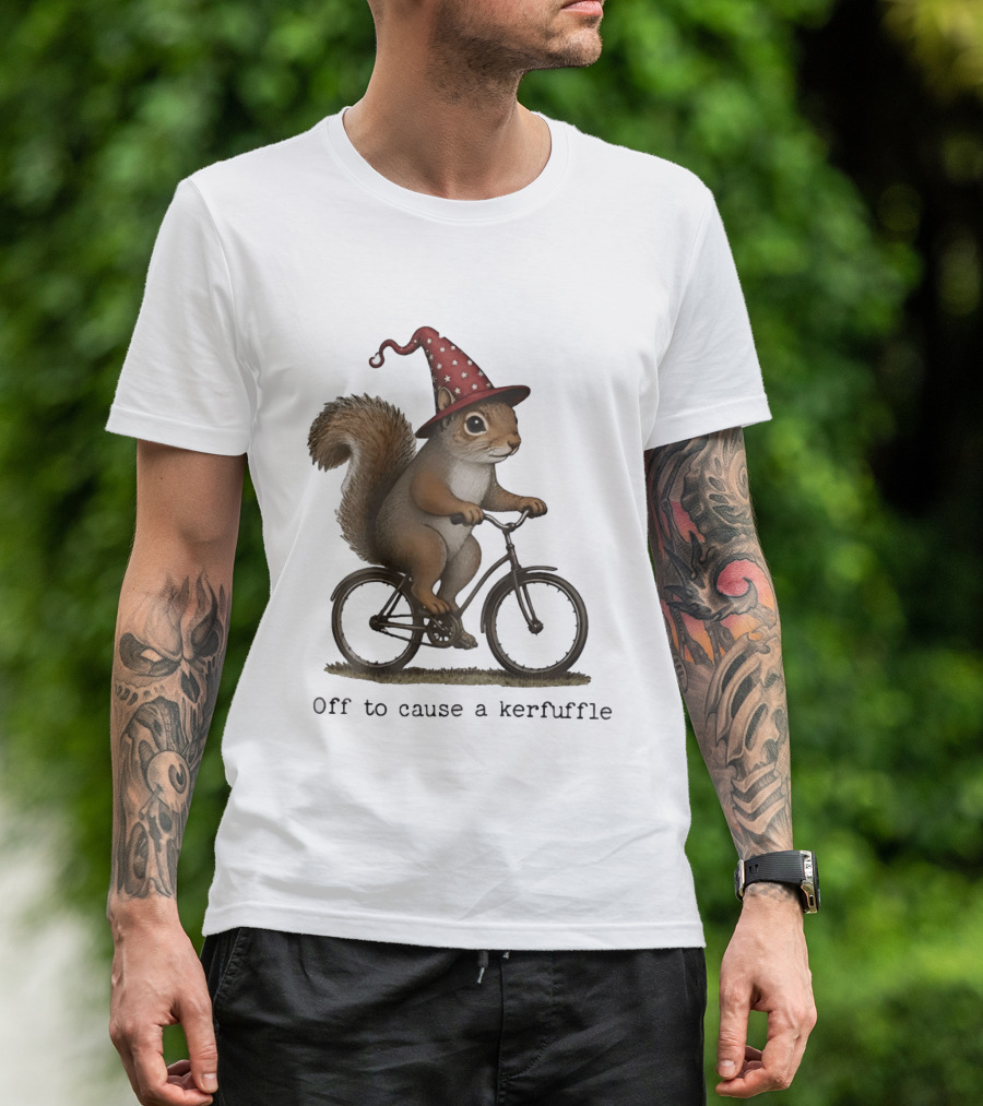 Squirrel In Wizard Hat Riding Bicycle Off To Cause A Kerfuffle T-Shirt