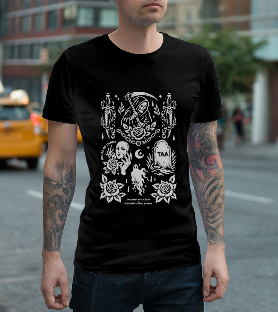The Amity Affliction X Popcorn Tattoo Sydney Grim Reaper Floral Cemetery TAA T-Shirt