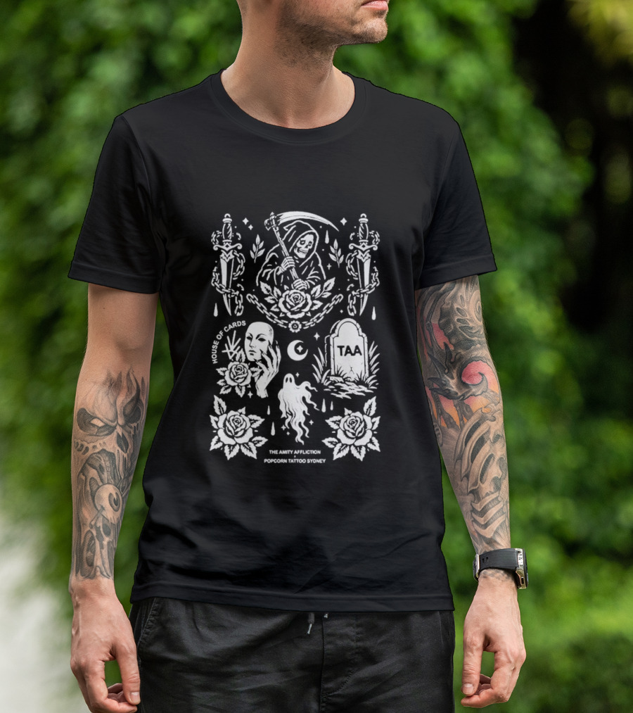 The Amity Affliction X Popcorn Tattoo Sydney Grim Reaper Floral Cemetery TAA T-Shirt
