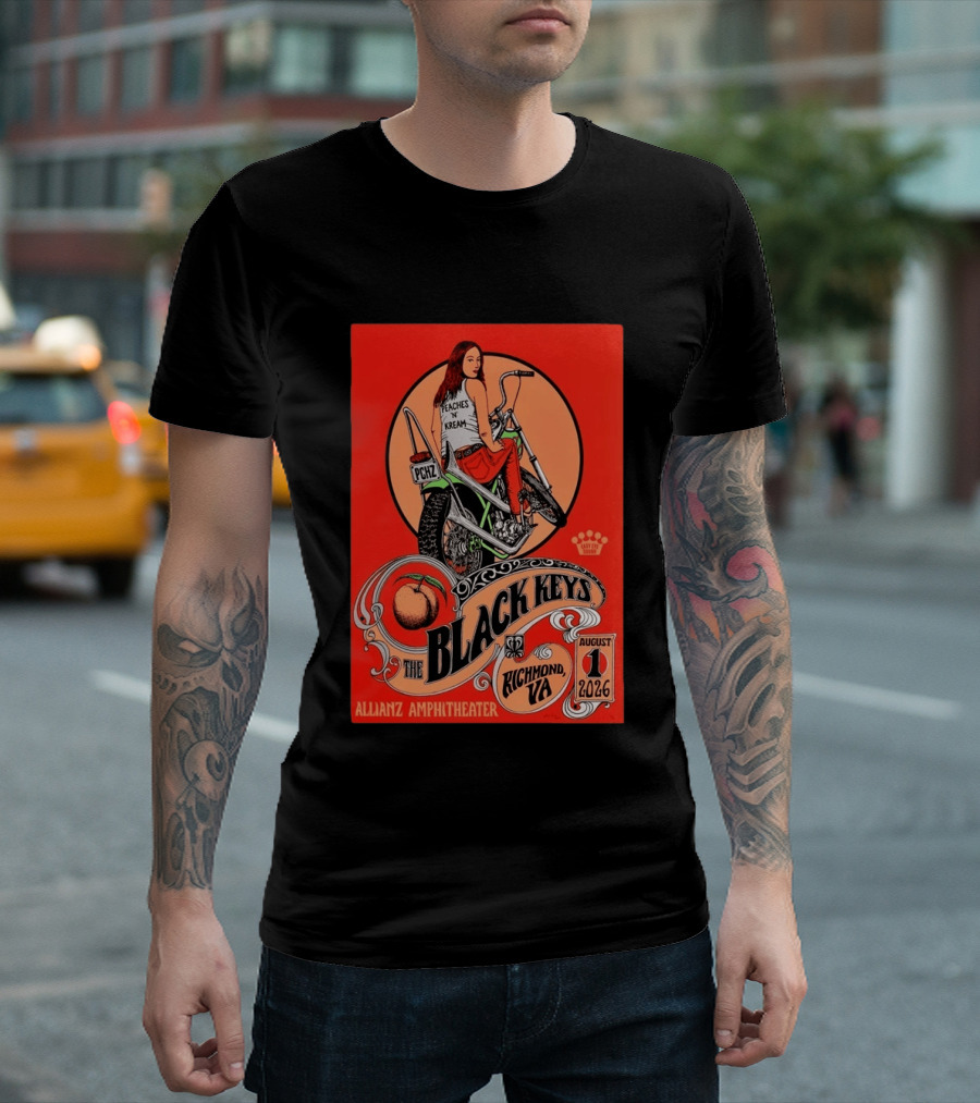 The Black Keys Allianz Amphitheater Richmond VA August 1 2026 Peaches N Kream Motorcycle T-Shirt