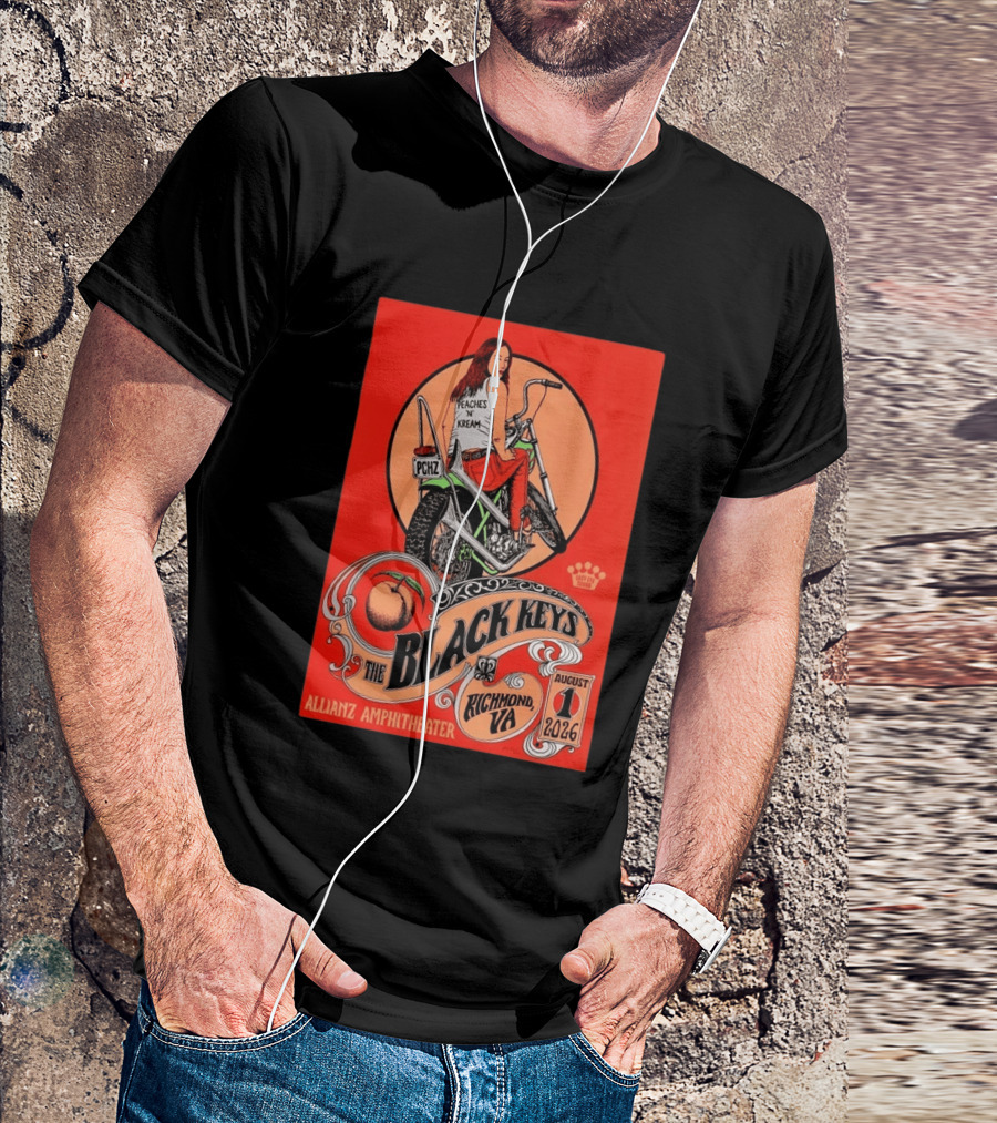 The Black Keys Allianz Amphitheater Richmond VA August 1 2026 Peaches N Kream Motorcycle T-Shirt