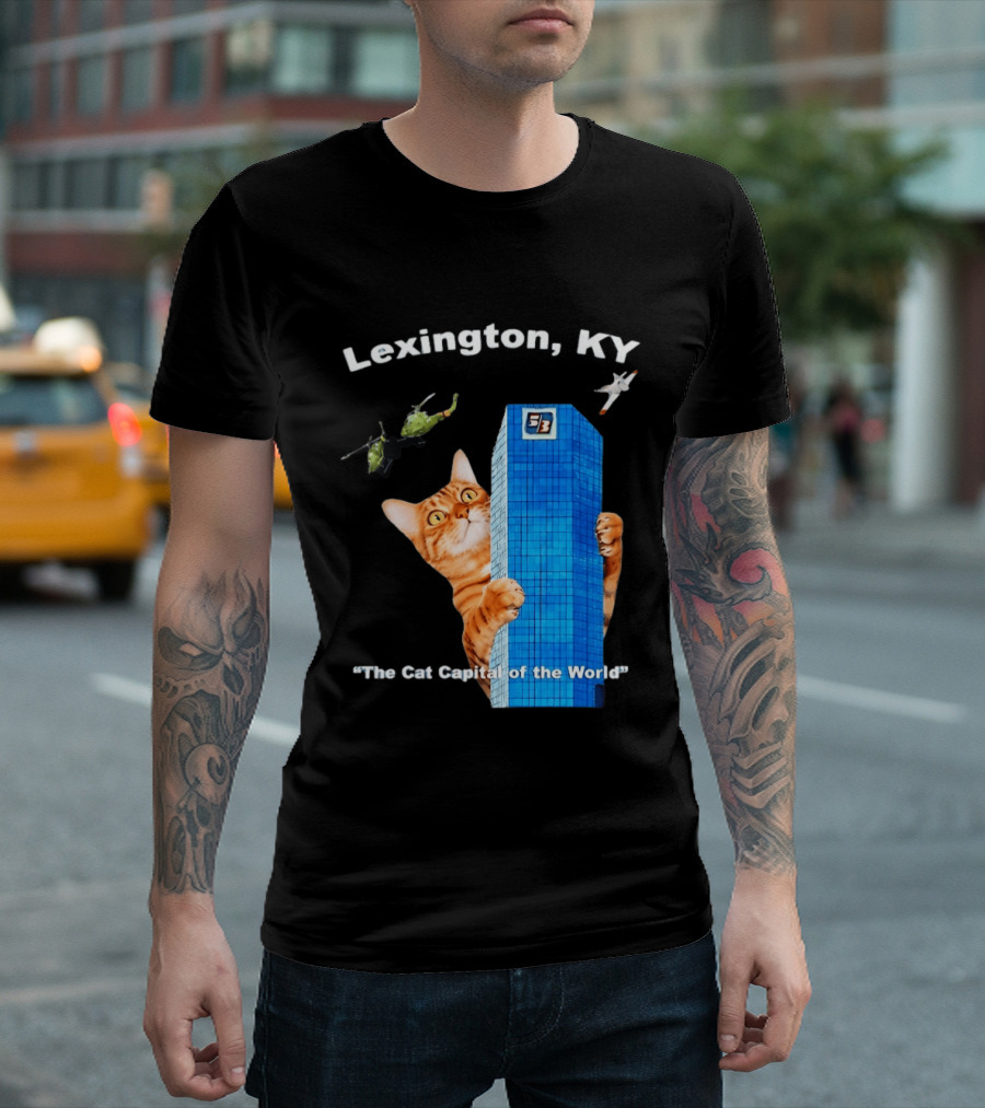 Lexington KY The Cat Capital Of The World Funny Cat With Building And Helicopter T-Shirt